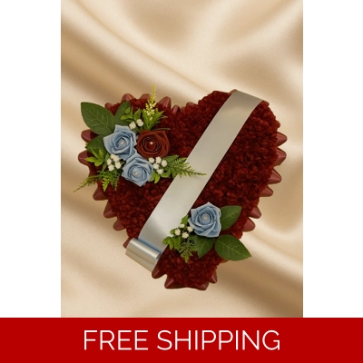 Artificial Burgundy & Blue Heart Funeral Tribute – Rose Spray with Satin Ribbon